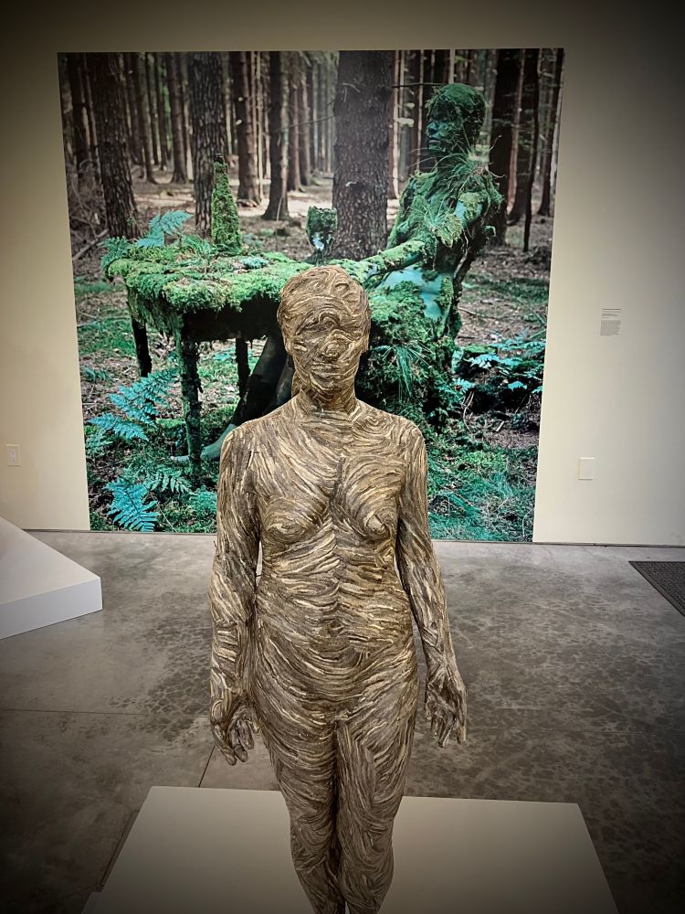 A sculpture of a nude woman constructed of wasp nests stands in the center of a gallery. In the background, a large mounted photograph of a woman sitting at at table in the woods. Table and woman are completely overgrown by nature. Artists of photographs are Vera Lehndorff and Holger Trulzsch.