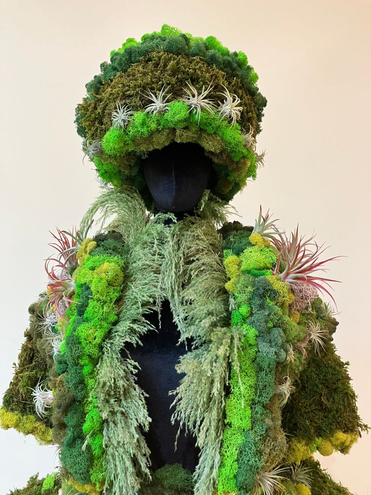 Living moss, air plants, and other greenery make up a headdress and body armor draped on an ebony female mannequin. This piece is part of an exhibit at the Sturt Haaga Gallery within the grounds of Descanso Gardens in La Canada. The exhibit is called "Daphne's Wardrobe: Metamorphosis Into Nature." This particular piece is created by Melissa Meier and the exhibit wall states: "The difference in Meier's armor is that it is not modeled on male battle attire but on a transfiguration into nature, becoming one with it." 

When Tiny Lantern visited this exhibit, a worker was gently spraying the piece with a fine mist of water.

This exhibit runs until June 1, 2025. 
