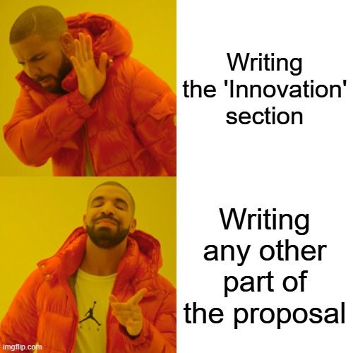 Meme voicing displeasure with writing the 'innovation' section of a grant proposal. 