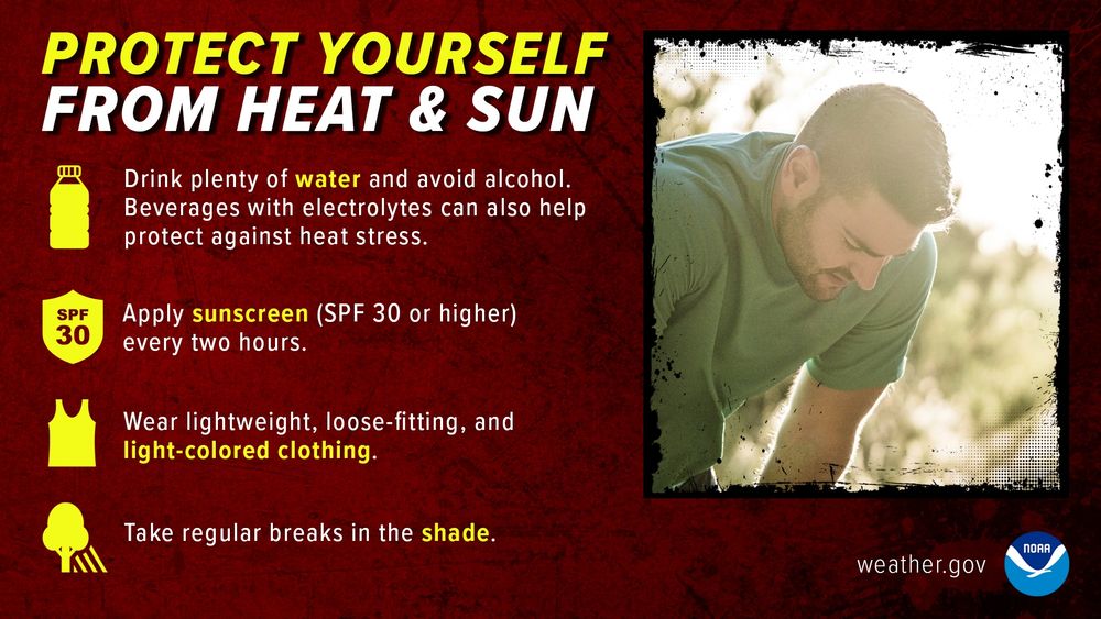 A person resting on a hot day. The text says, “Protect yourself from heat and sun. Drink plenty of water and avoid alcohol. Beverages with electrolytes can also help protect against heat stress. Apply sunscreen (SPF 30 or higher) every two hours. Wear lightweight, loose-fitting, and light-colored clothing. Take regular breaks in the shade.” 