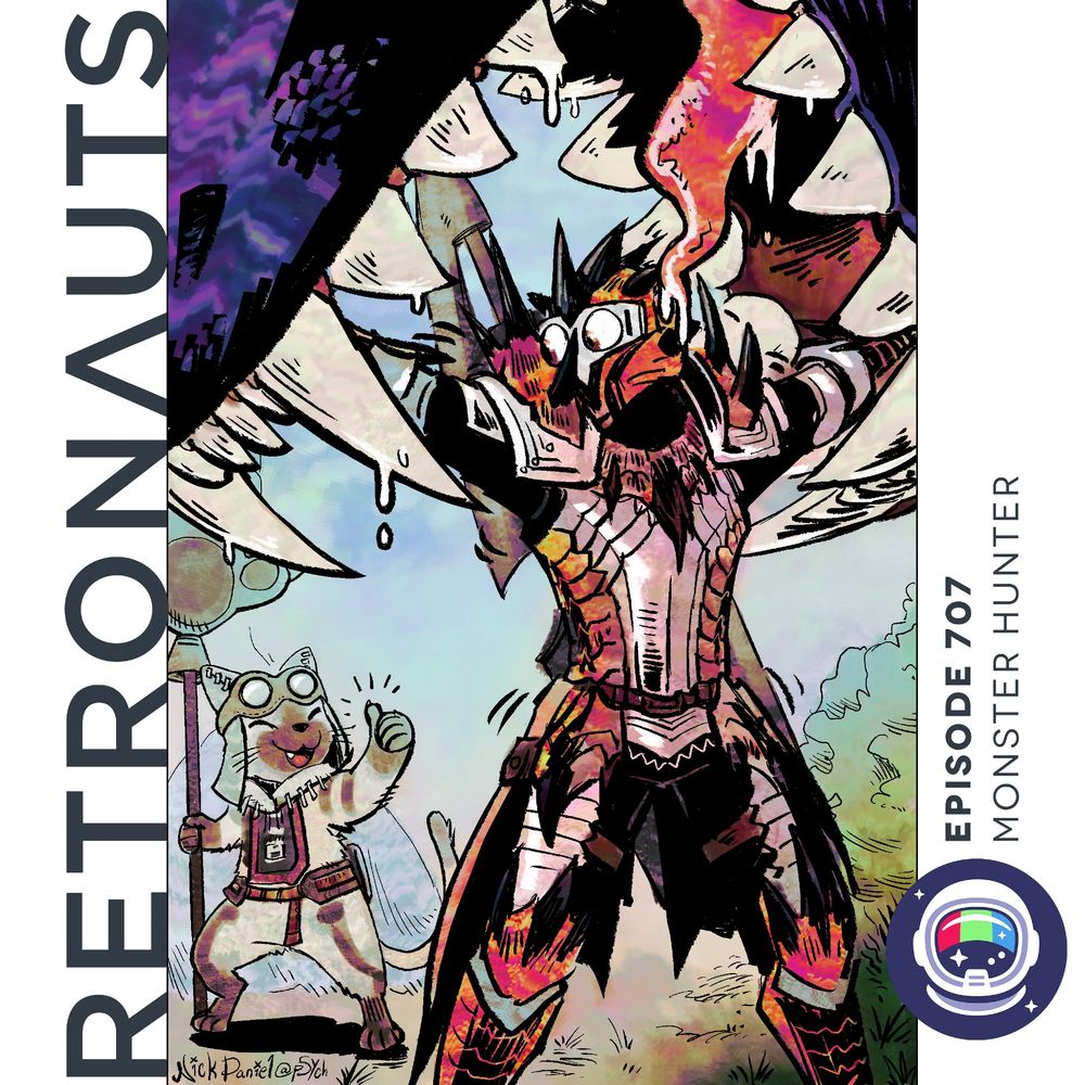 cover art: a hunter fights off the jaws of a giant monster while a cat-person gives a THUMBS UP