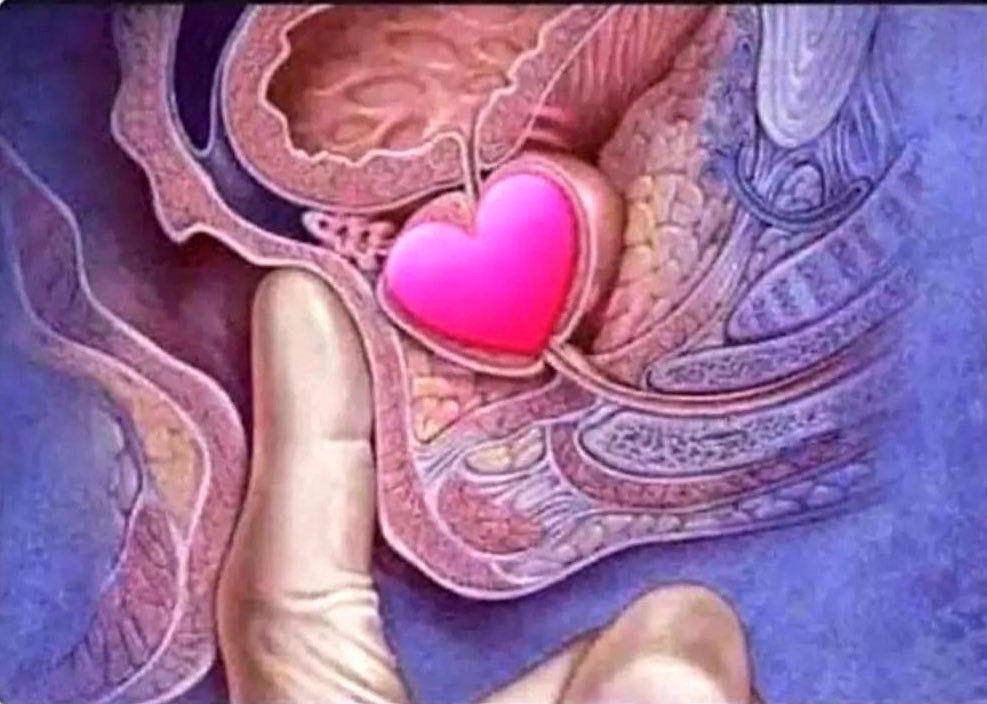 Finger pressing on a prostate that has a heart emoji over it. 
