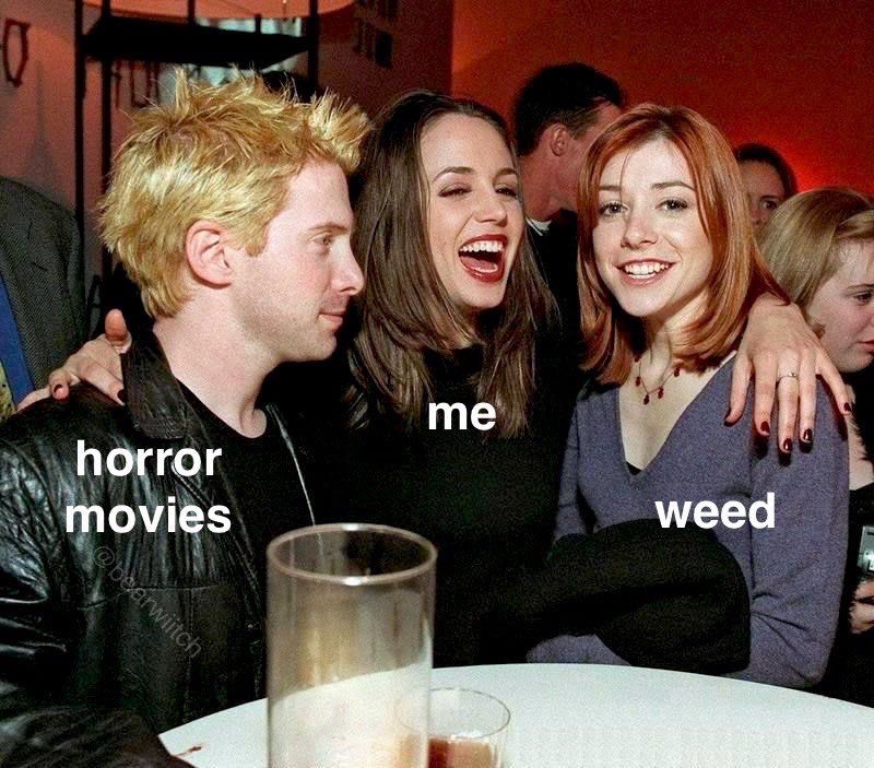 Three people happy together labeled: 
horror movies
me
weed