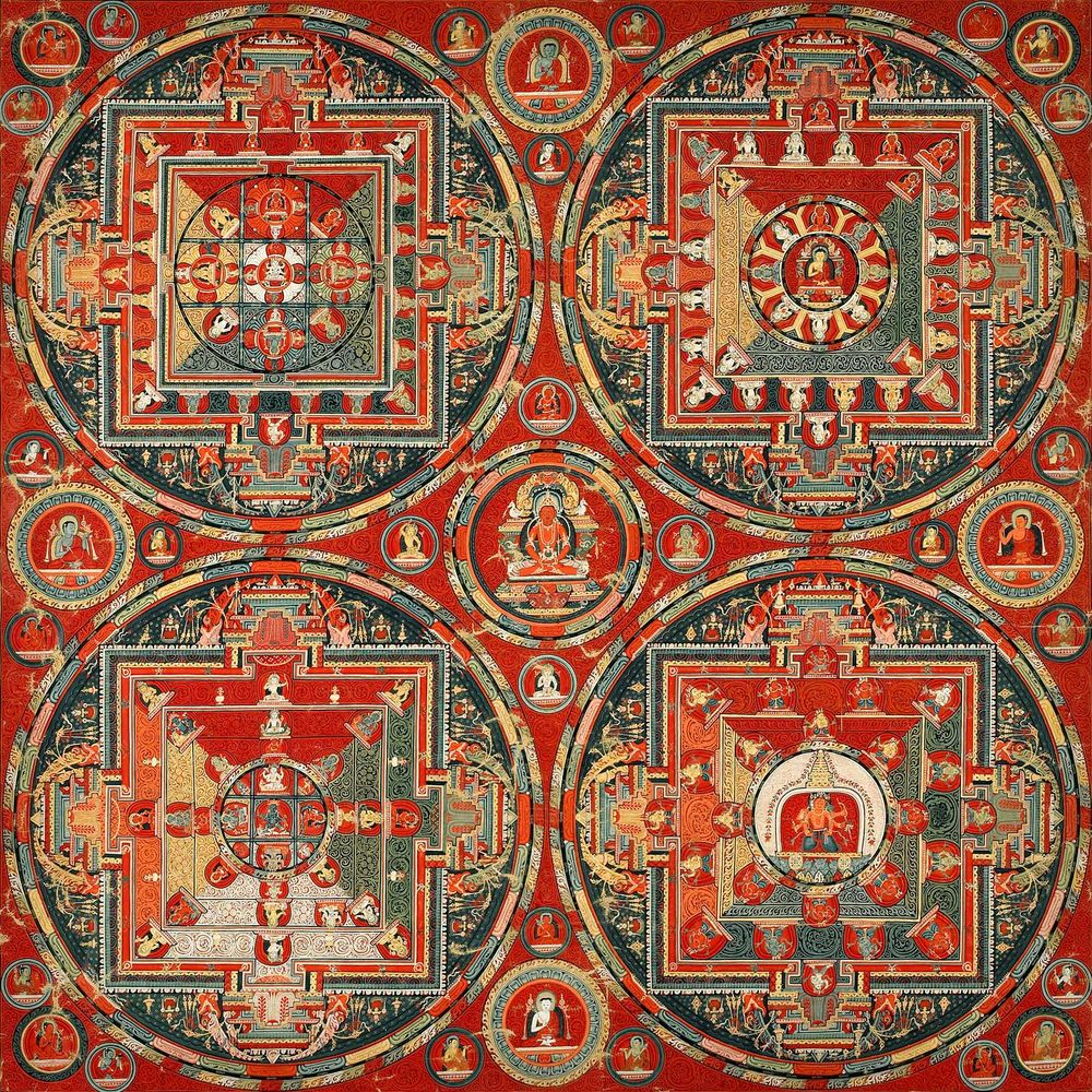 Four Mandalas of the Vajravali Cycle, Ewam Choden Monastery, 1429-1456, from the Rubin Museum of Himalayan Art. Pictured here is a 500+ year-old mandala mostly in red, divided into quarters, each with intricate, almost fractal designs, with holy figures in circles between the larger quadrants.
