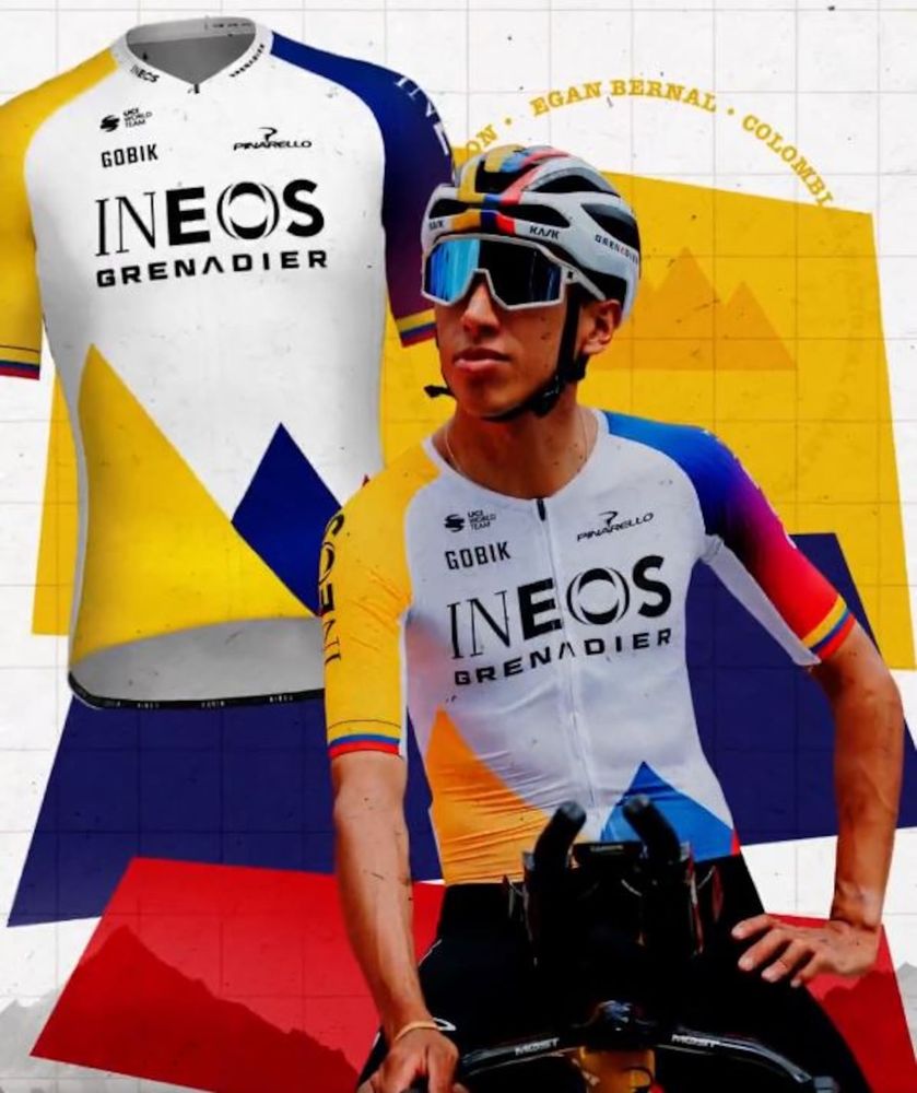 Egan Bernal resplendent in his magnificent Colombian champion cycling kit.