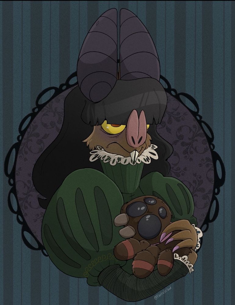 A humanoid bat wearing a Victorian style dress with very puffy sleeves. Her expression is bored. She holds a giant, fluffy jumping spider like a puppy. 