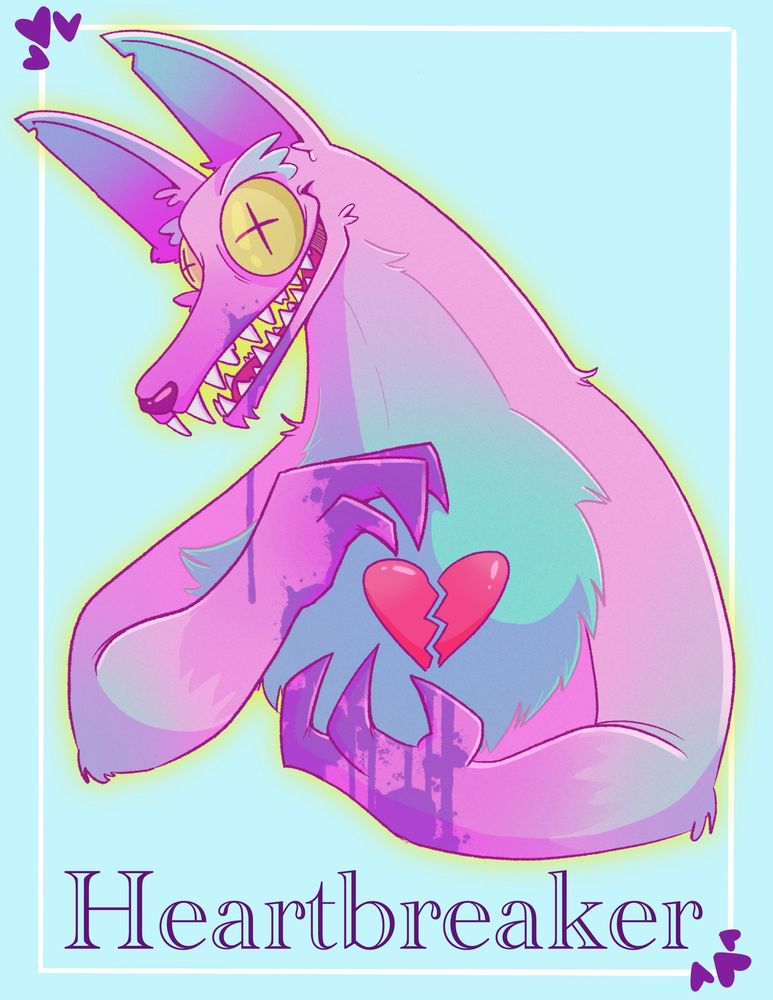 A pink wolf against a teal background covered in purple blood. 

She holds a broken cartoon heart against her chest, with the word “heart breaker” beneath it 