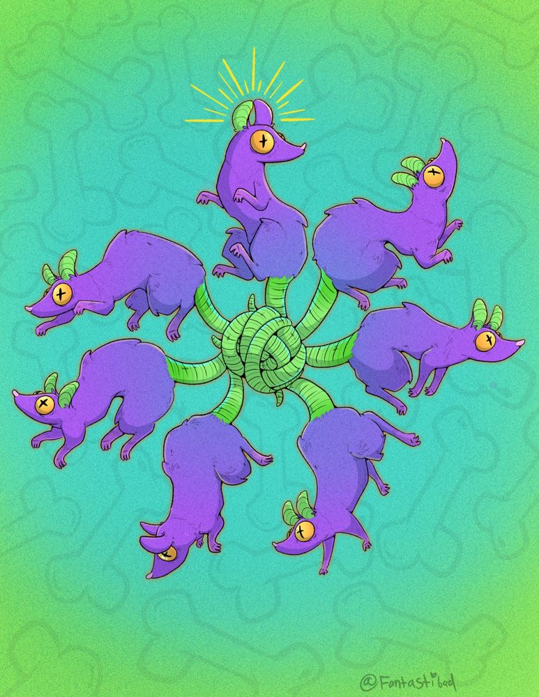 A brightly colored digital drawing of a cluster of rats, joined at the tail and faceing different directions. 

The background sports a gradient of green and yellow, with faded bones as a pattern. 