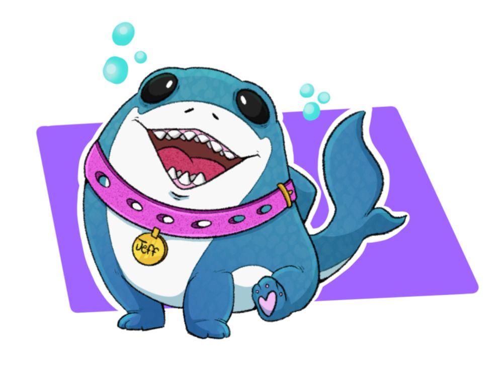 A digital drawing of Jeff the Landshark. He is sitting like a puppy, with a big toothy grin. 