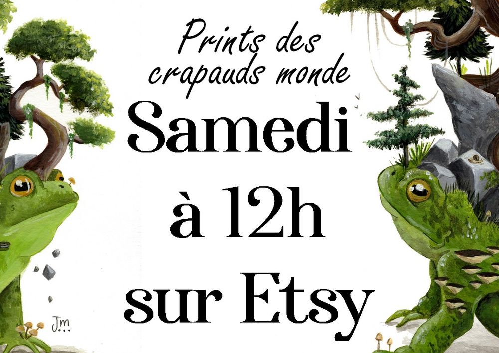Annonce sur laquelle est indiquée: "prints des crapauds monde, samedi à 12h sur Etsy"