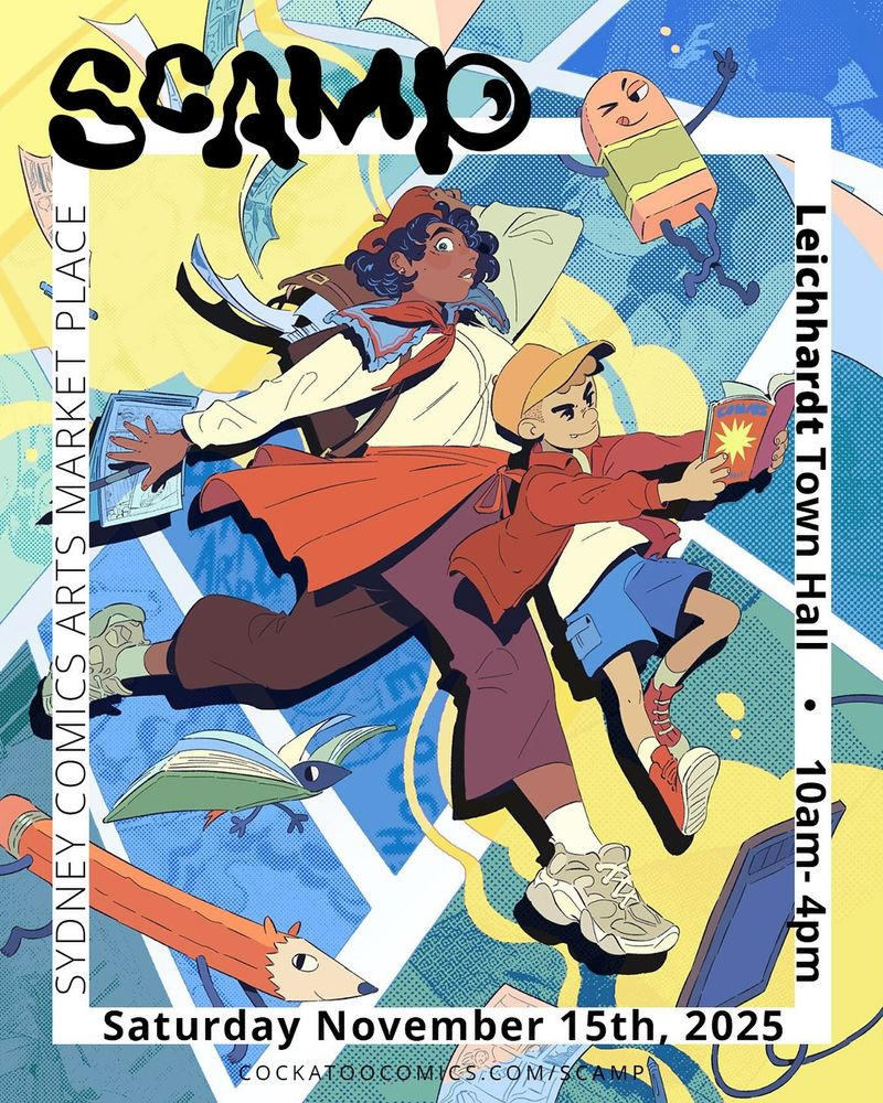 "💥It’s official, SCAMP is back in 2025 💥

How incredible is this year’s artwork??? From the beautiful mind and hand of Ariel Ries!!

WHEN: Saturday November 15th, 10am - 4pm
WHERE: Leichhardt Town Hall, Norton Street Leichhardt
WHAT: Some of the best cartoonists and comics makers from around Australia, all in one big room!

Free entry!

We have some absolutely amazing guests, and the craziest artist’s alley full of the best comics talents from Sydney and beyond!

So it’s illegal for you not to come!!!"