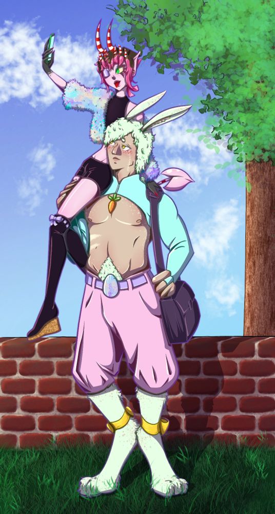 Bunny in an Easter themed outfit, carrying Candy on his shoulder. They stand in front of a short brick wall with tall grass and a tree in the background.