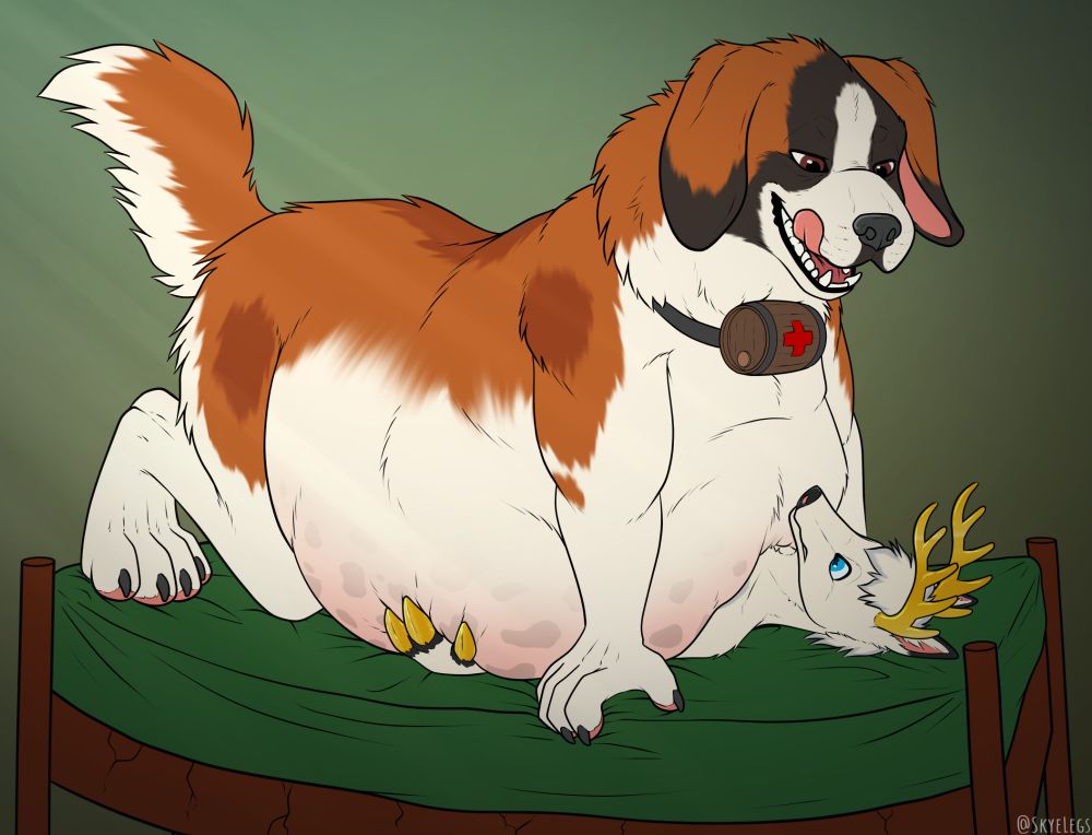 Cider the fat st bernard licking their chops and laying too much weight onto a deer and their slowly breaking bed