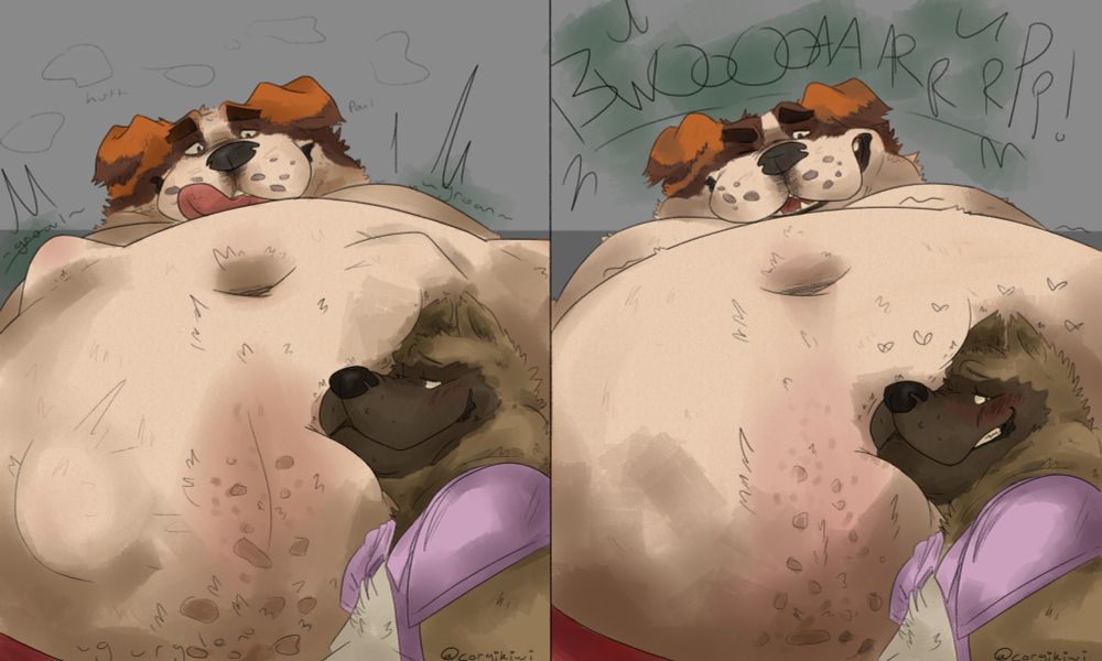 Rowan the akitabear has his ear up to the Saint Bernard's gut, listening to the muffled complaints of their deer 'friend' sinking under hungry growls