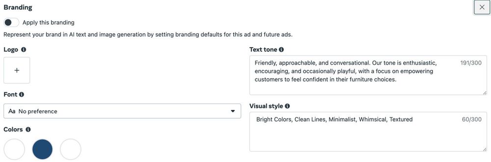 A branding setup interface is shown, featuring options for logo, font, colors, text tone, and visual style preferences.