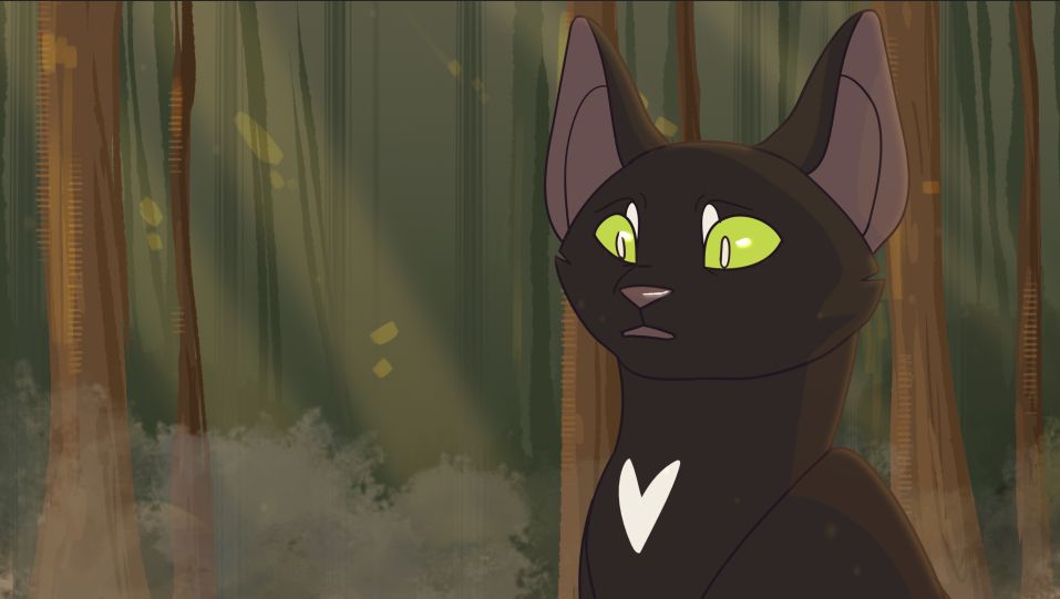 a screenshot of a youtube video depicting a black cat with green eyes standing in a forest