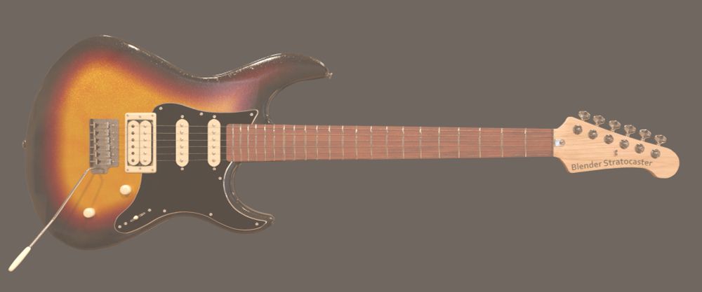 3D model of a Stratocaster guitar, now fully textured with an orange-red-black starburst body.
