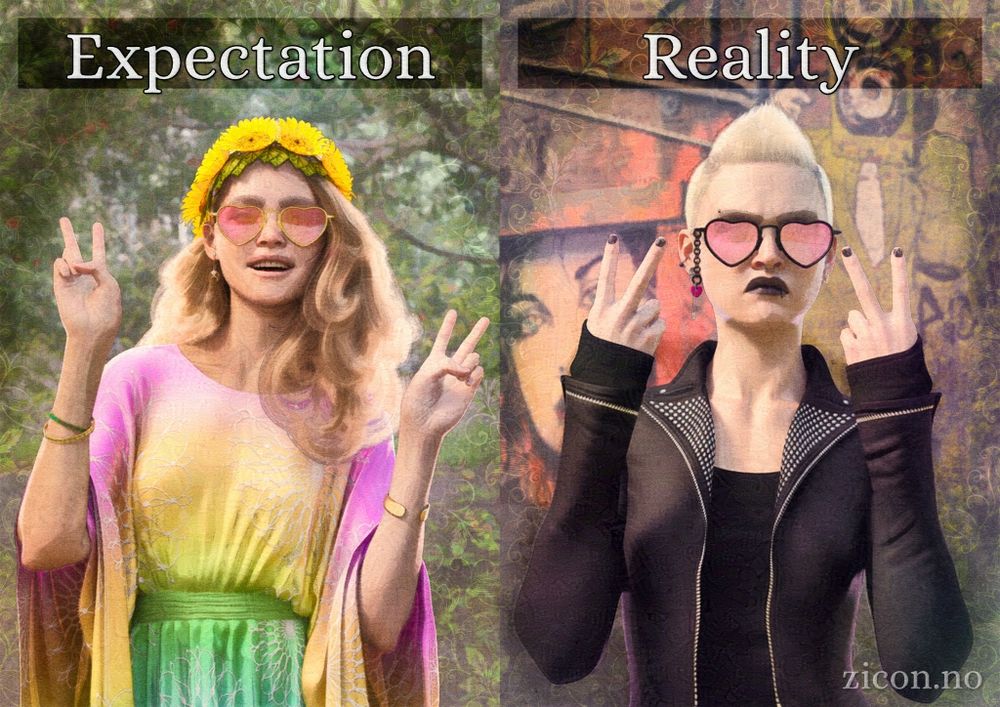 Two images side-by-side of the same young woman. In both, she is blonde, and wearing the same heart-shaped sunglasses with pink lenses. The left side is marked 'Expectation', and shows her with long hair, a flower crown, bangles, and a flowing kaftan. She's holding up both hands, making the peace sign. The right side is marked 'Reality', and shows her with a short fauxhawk, multiple piercings, dark makeup, and a black leather jacket. She's holding up both hands, making the V sign or Two Finger Salute.
