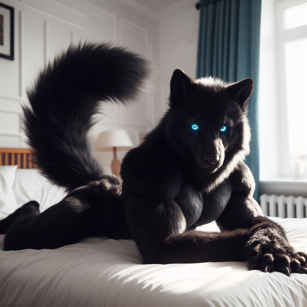 A black werewolf laying on a bed.