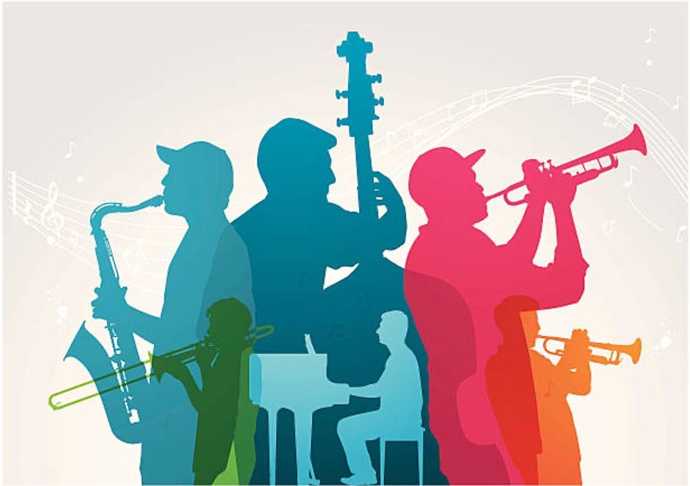 A group of musicians, each in silhouette and each presented as a bright vibrant color. One plays sax, three play various horns, one plays a classical bass, and one piano. 
