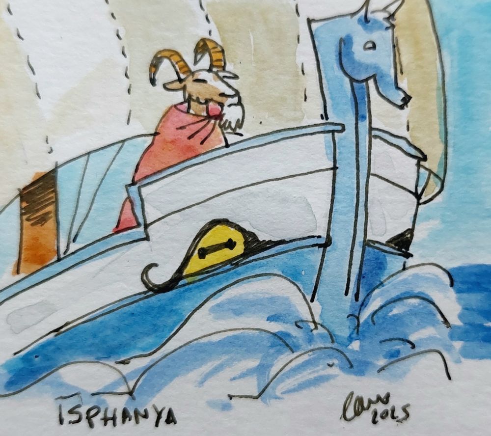 Dibujo a tinta y acuarela. Un caprino (habitante de Isphanya con aspecto de cabra) envuelto en un manto de pie en la proa de un barco mercante de vela cuadrada. Tiene un mascarón de proa con forma de cabeza de caballo y en el costado de la proa hay pintado un gran ojo con pupila horizontal.