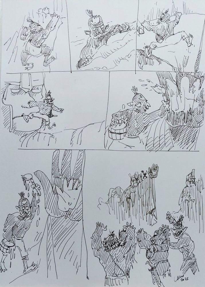 Un orco escalando una pared de roca con una bolsa a la espalda de la que sobresale un palo. Tiene una mano blanca pintada en la frente.
Cuando llega arriba se ve que lo que escalaba es una de las inmensas estatuas de los Argonath del señor de los anillos, a la que pinta una mano blanca en la palma de la mano de la estatua (lo que llevaba en la bolsa era un cubo de cal y una brocha)
