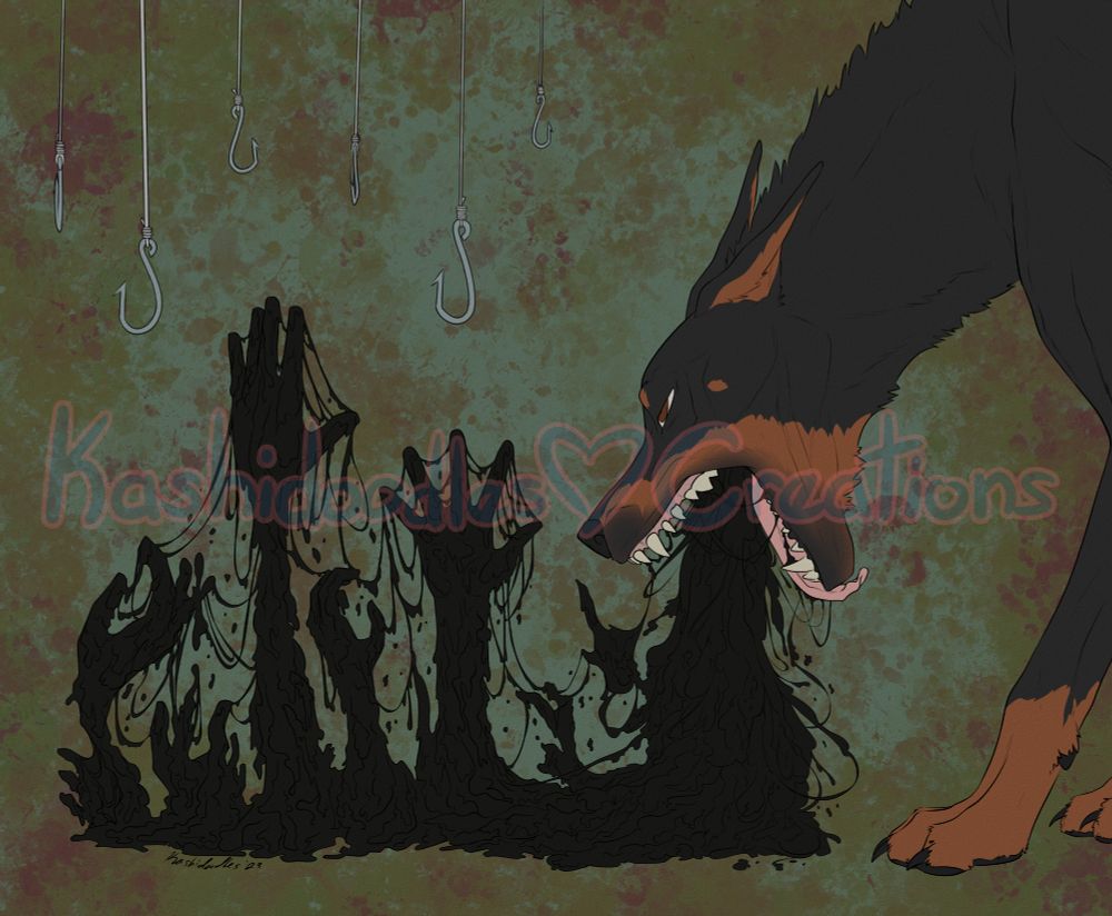 A doberman (which is a breed of dog) is vomiting up a dark black goop, which as it spreads is turning into dripping hands that are reaching for silver hooks hanging above them.