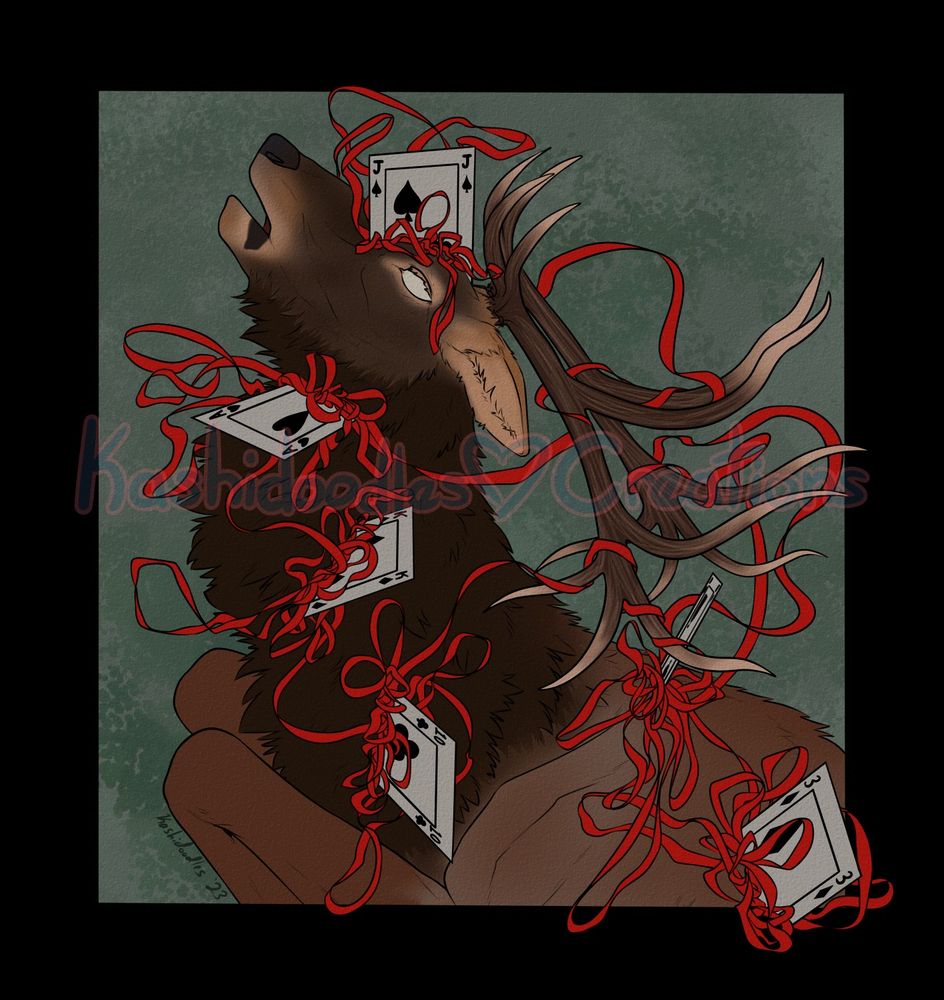 Large male elk lays dead on the ground, playing cards painfully protruding though instead of blood, red ribbons gush out and wrap around the elk in disarray.