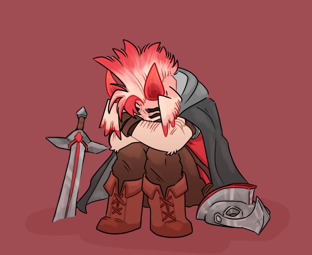 Drawing of Sword from PHIGHTING! (Roblox) curled into a ball sitting by himself. His helmet sits to his left, and his sword is found partially stuck into the ground off to his right. He is hiding his face with crossed arms, resting them on his knees. His cape is draped over his body, and his head-wings are partially hiding his face, which seems to be contorted into a pained expression.