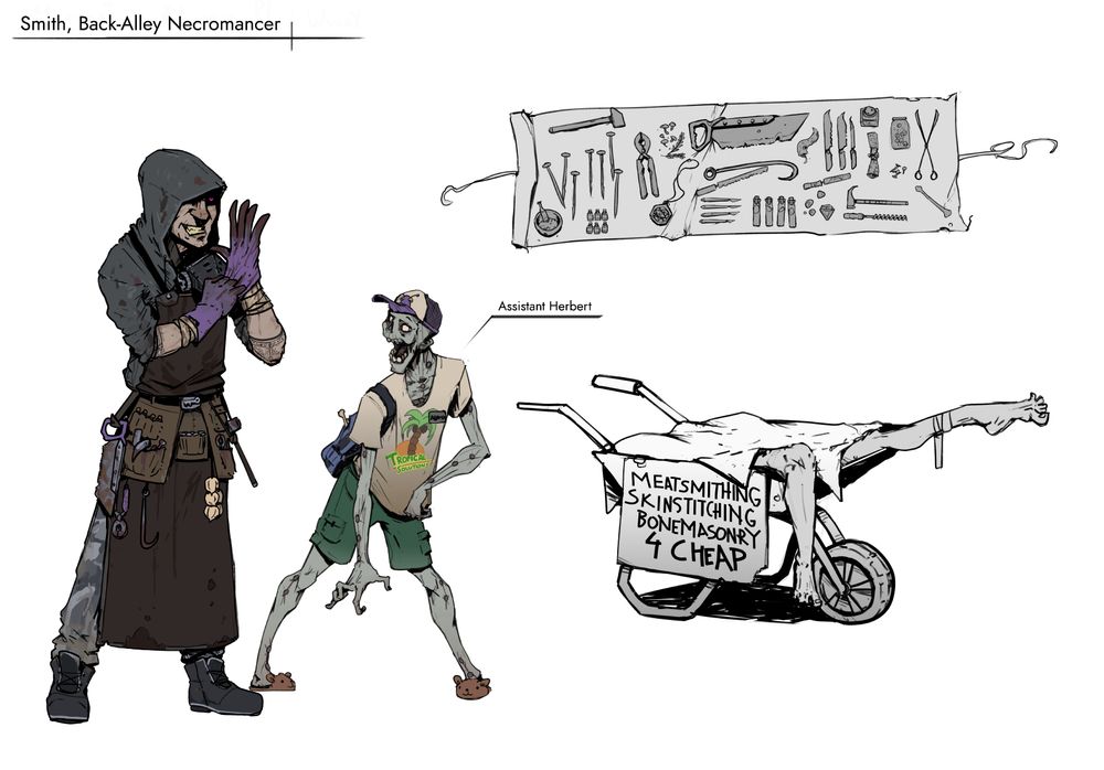 A character design sheet for "Smith, Back-Alley Necromancer", and a zombie assistant