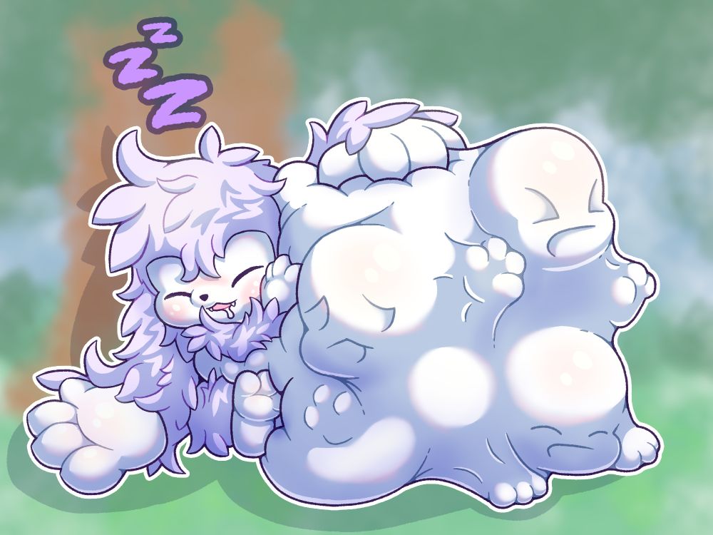 A cute purple-furred creature sleeping against a tree with several prey wriggling in her belly.