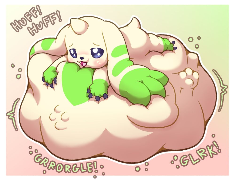 Terriermon with a huge belly after eating several prey