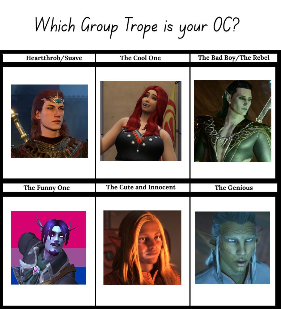 A 3x2 grid meme titled "Which Group Trope is your OC?" features six character portraits, mostly fantasy elves from video games, illustrating different group archetypes. The tropes are: 1. Heartthrob/Suave: an armored elf with a circlet. 2. The Cool One: a smiling, red-haired woman. 3. The Bad Boy/The Rebel: a dark-haired elf in dark armor. 4. The Funny One: a blue-haired elf against a bisexual pride flag background. 5. The Cute and Innocent: a blonde-haired person lit by golden light. 6. The Genious: a silver-blue-haired elf.