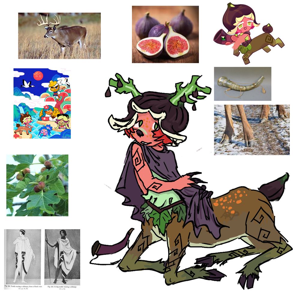 art of fig cookie with inspiration images: their official arts, a fig tree, deer and deer hooves, a scottish horn and a chlamys, a greek robe of sorts