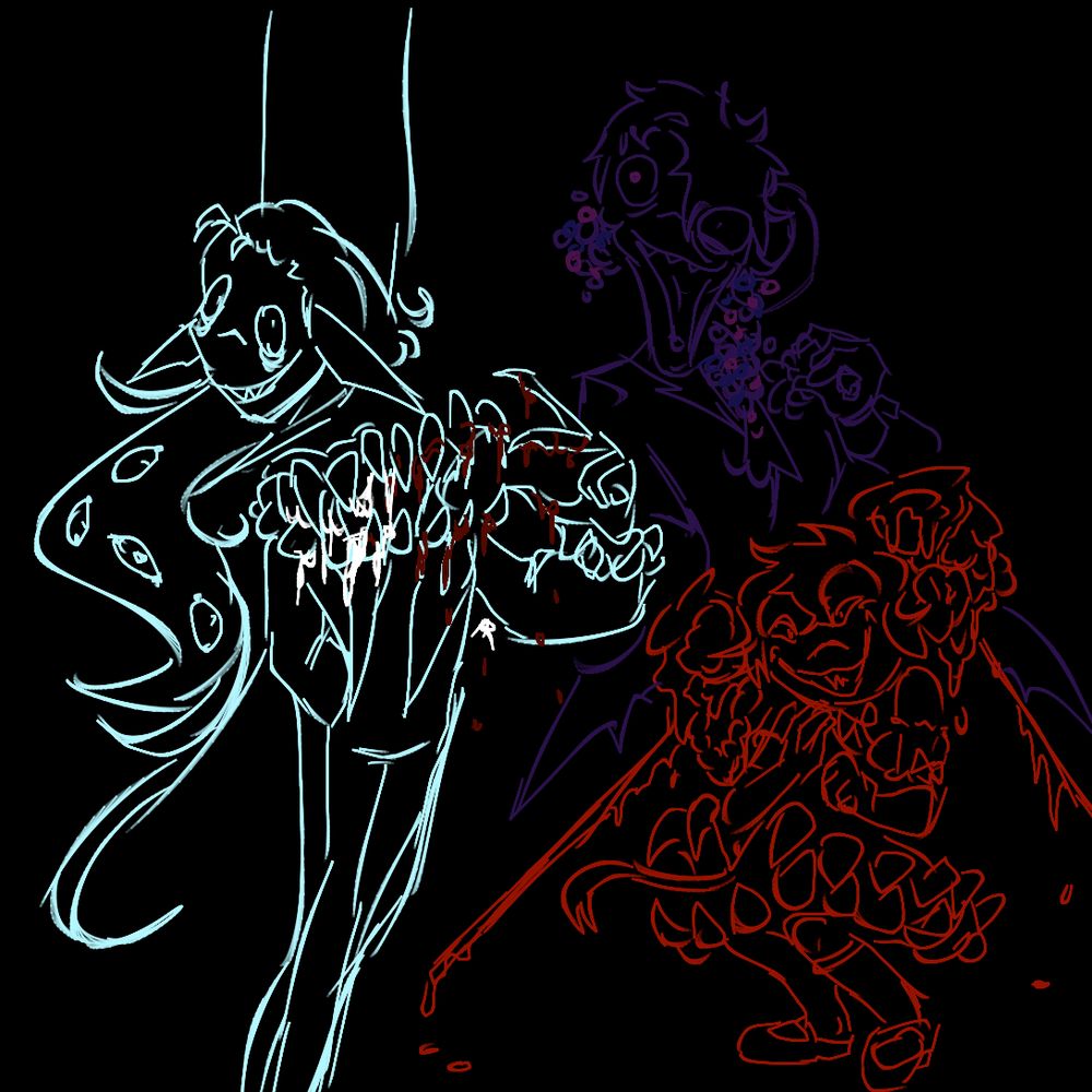 art of shadow milk cookie, his ruffles opening like a mouth, blood and milk pouring out of the teeth. Beside him is Black Sapphire cookie with a distorted jaw, and Candy Apple cookie, who's apples are made of guts and her dress is also like a mouth.