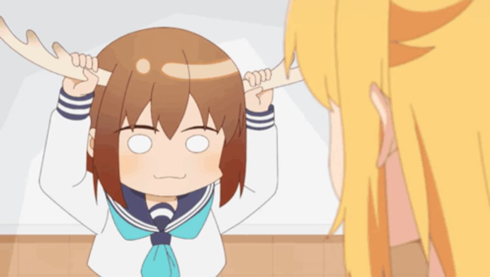 a cartoon girl with antlers on her head looks at another girl