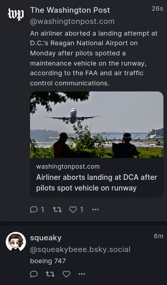A screen capture in reverse chronological order showing Squeaky posting "boeing 747" with a newer post from the Washington Post detailing a story about an Airliner aborting a landing attempt at a nearby airport