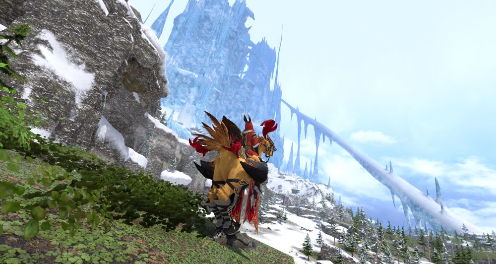 Lore stands on a cliff side. He is riding Fredrick (his CHOCOBO). In front of him is a landscape of the island Eureka. His new challenge of Pagos awaits for him 