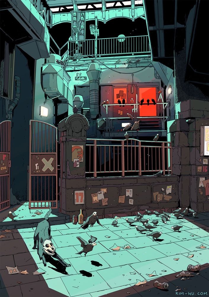 Illustration of a back alley, a dog is chasing a flock of birds.
#kimgakaku