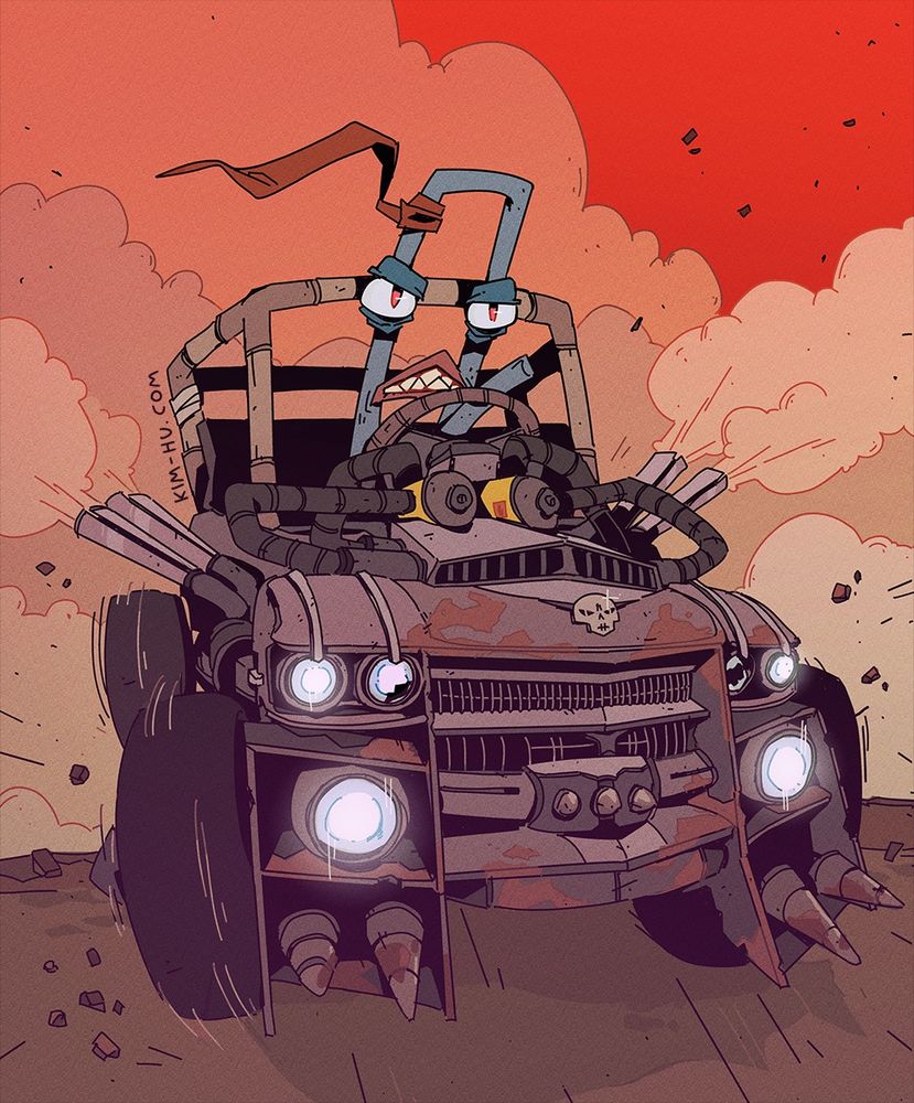 Illustration of Clippy the Paperclip in a Mad Max style truck, blasting through the wasteland.
#kimgakaku