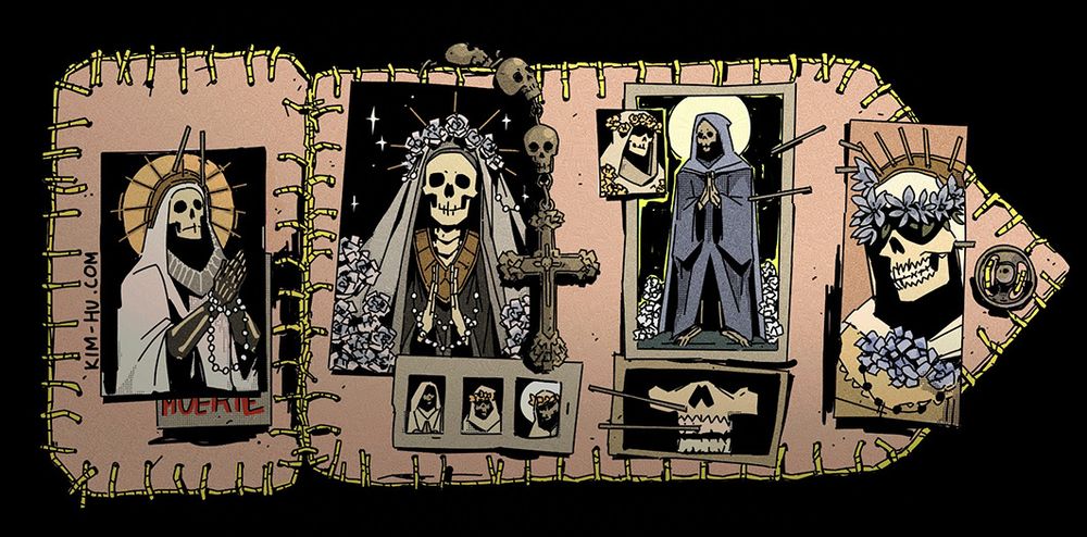 An illustration of a foldable little pocket altar, filled with Santa Muerte pictures. #kimgakaku
