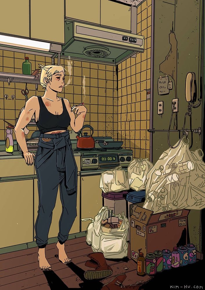 Illustration of my character Helene in her cluttered kitchen. #kimgakaku