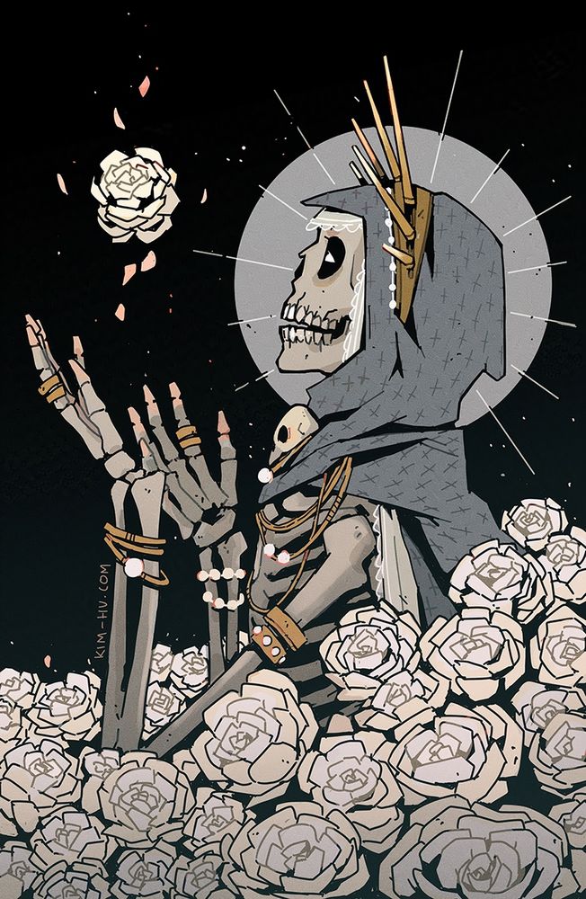 Illustration of a decorated and bejeweled skeleton in a grey robe amidst a pile of white roses.
__
#kimgakaku