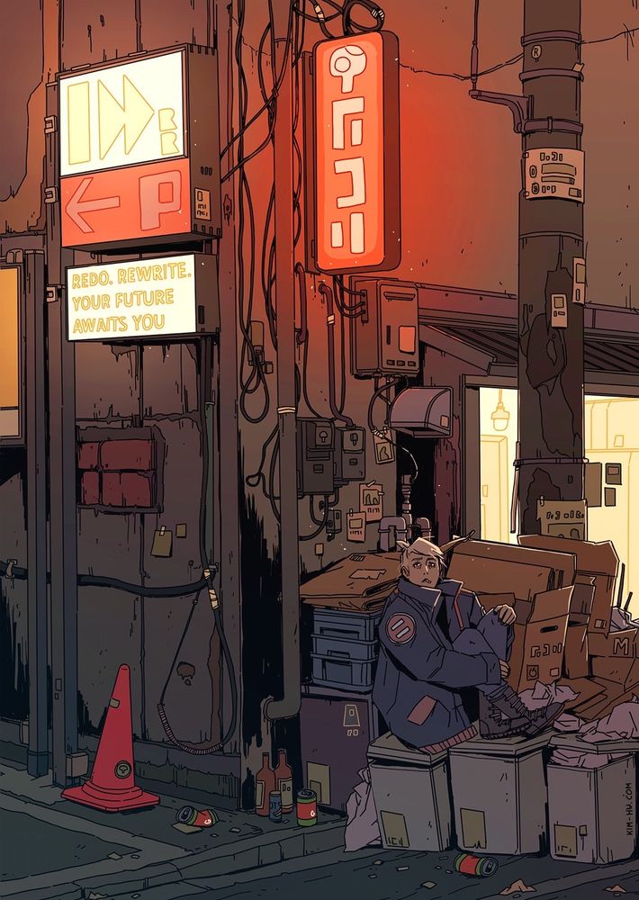 Illustration of my character Helene, sitting on a pile of rubble and discarded boxes. #kimgakaku