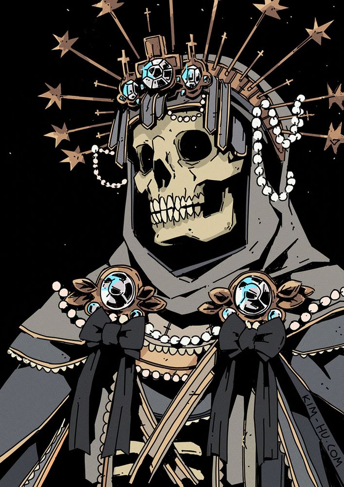 Illustration of a catacomb saint; a bejeweled and decorated skeleton.
#kimgakaku