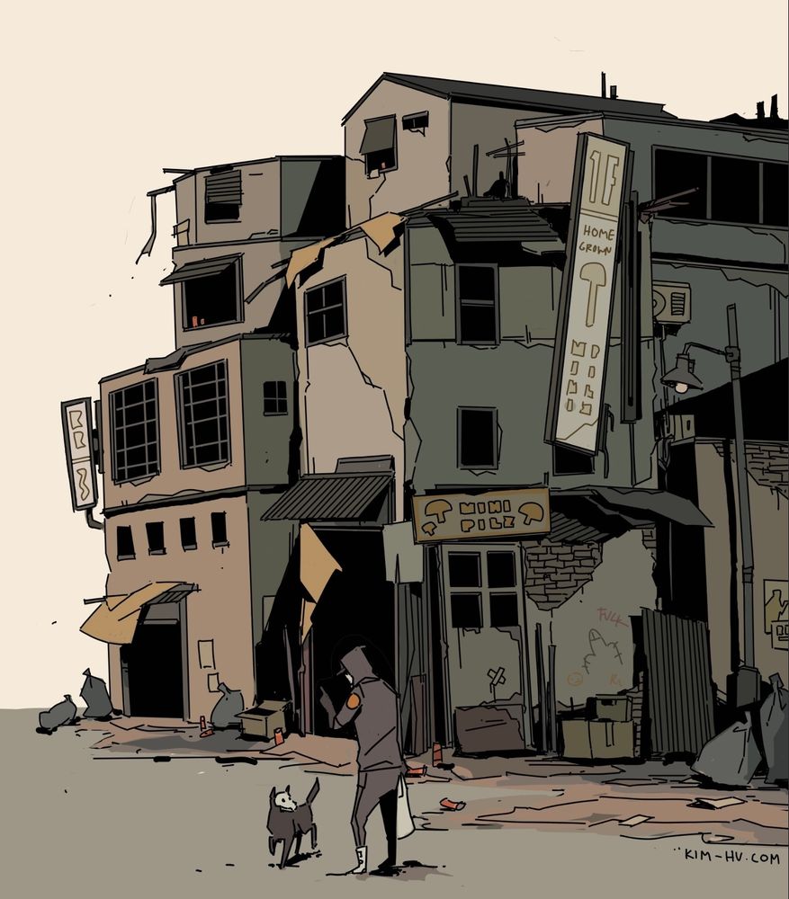 sketchbook doodle of my characters Fritz and K9 in environment #kimgakaku