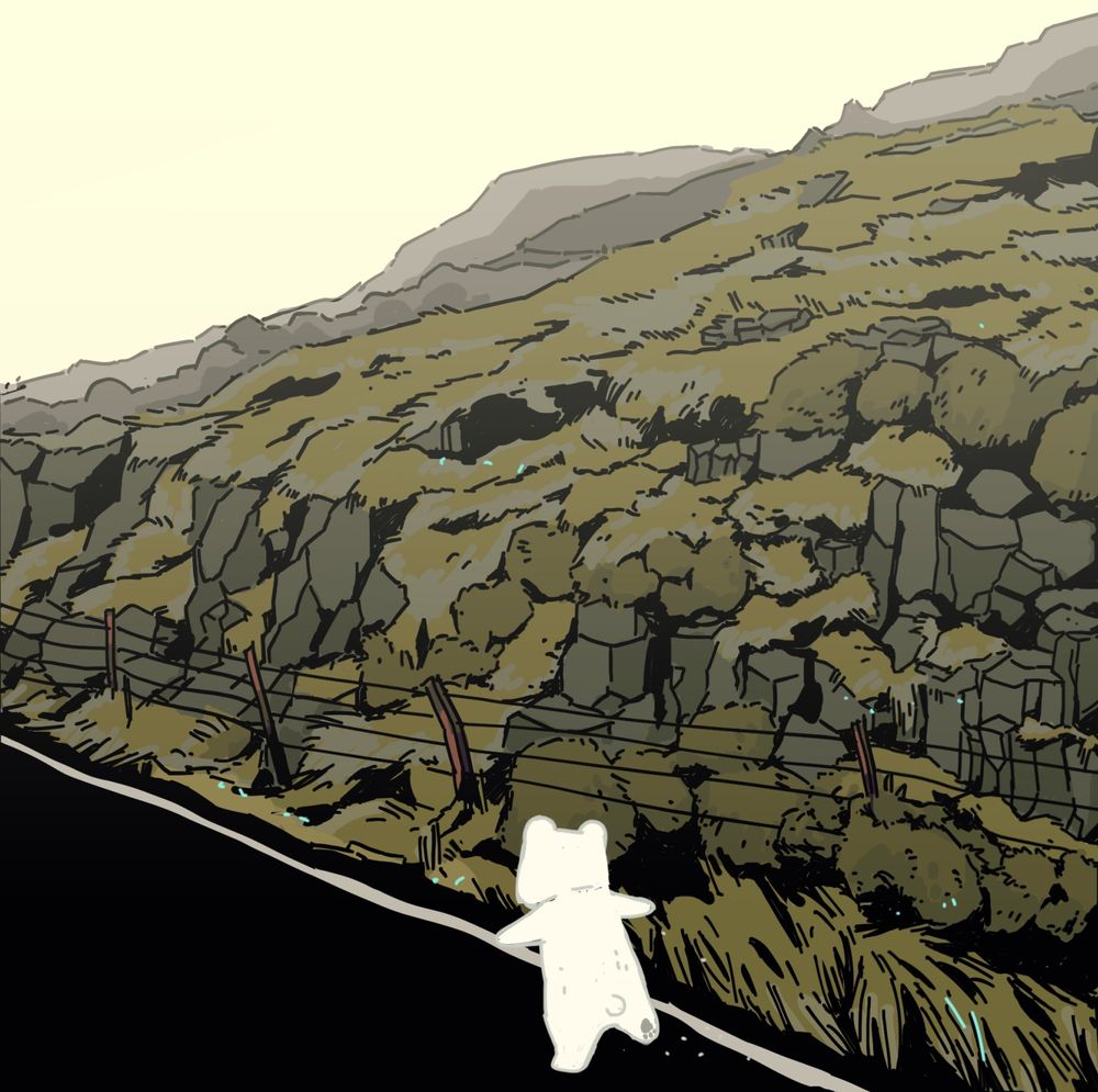 colored sketch of a foggy landscape with a little white teddybear
_
#kimgakaku