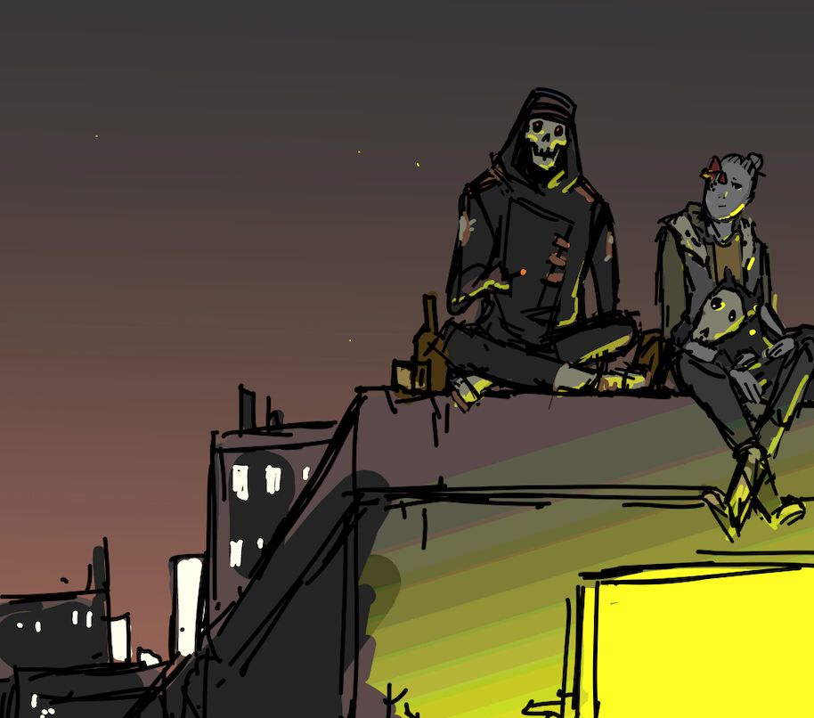 Sketch of my characters Fritz, Momo and K9 the dog sitting on a rooftop at night. #kimgakaku