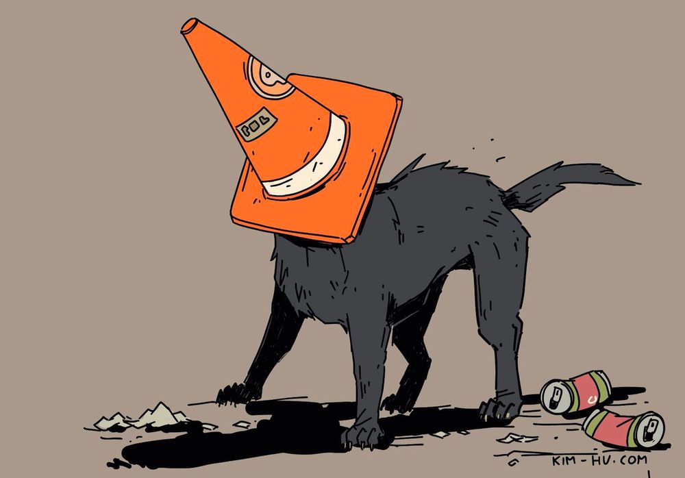 doodle of my character K9, with a traffic cone on his head. #kimgakaku