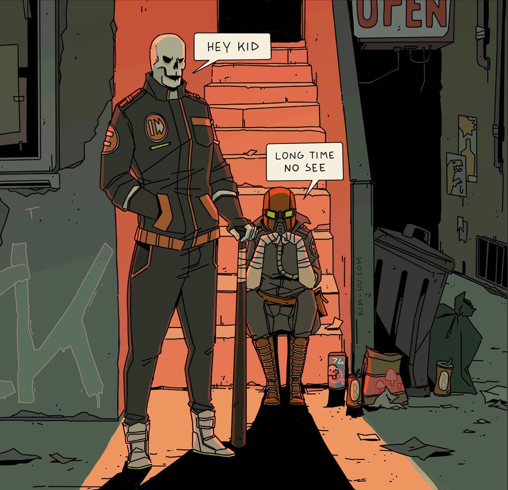 Comic panel showing my characters Kotsu and Helene sitting in a stairway lit by reddish hue, looking at the viewer.

Kotsu: Hey Kid
Helene: Long time no see
___
#kimgakaku